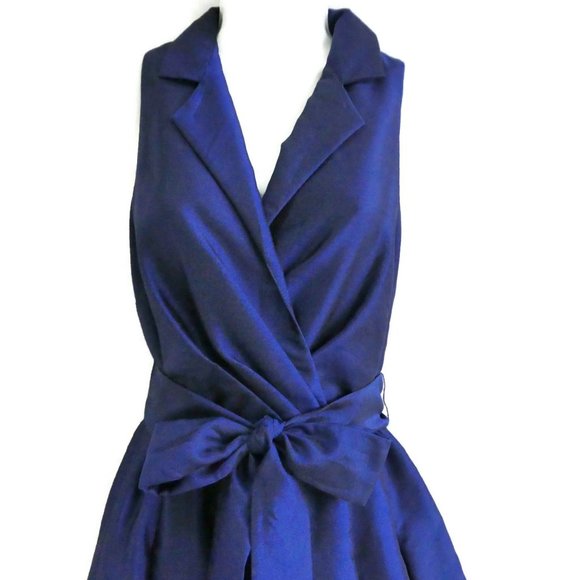 Jones New York Dress Cobalt Blue Taffeta Illusion Fit Flare Pleated Tie Lined M - Picture 4 of 10